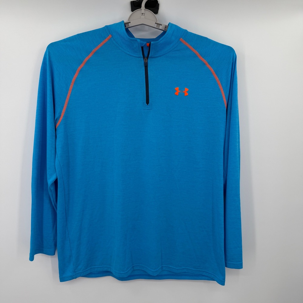 Under Armour Mens XL HeatGear 1/4 Zip Pullover Blue Orange Raglan Long Sleeve